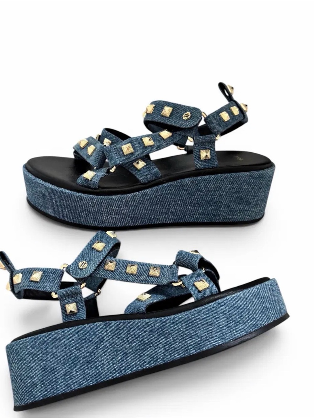 MAJE Denim Platform Stud Sandals, 36
